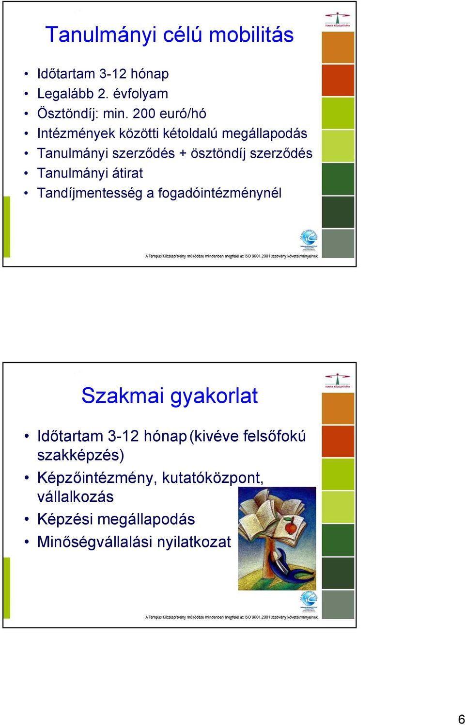 Tanulmányi átirat Tandíjmentesség a fogadóintézménynél Szakmai gyakorlat Időtartam 3-12