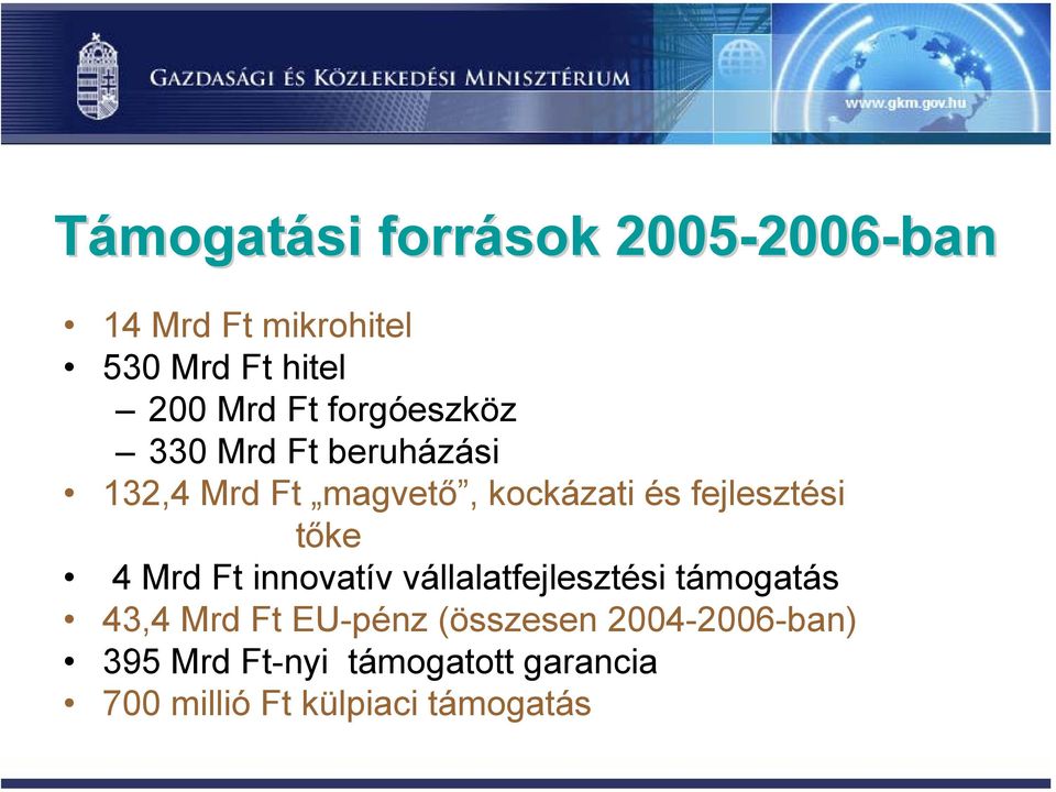 tőke 4 Mrd Ft innovatív vállalatfejlesztési támogatás 43,4 Mrd Ft EU-pénz