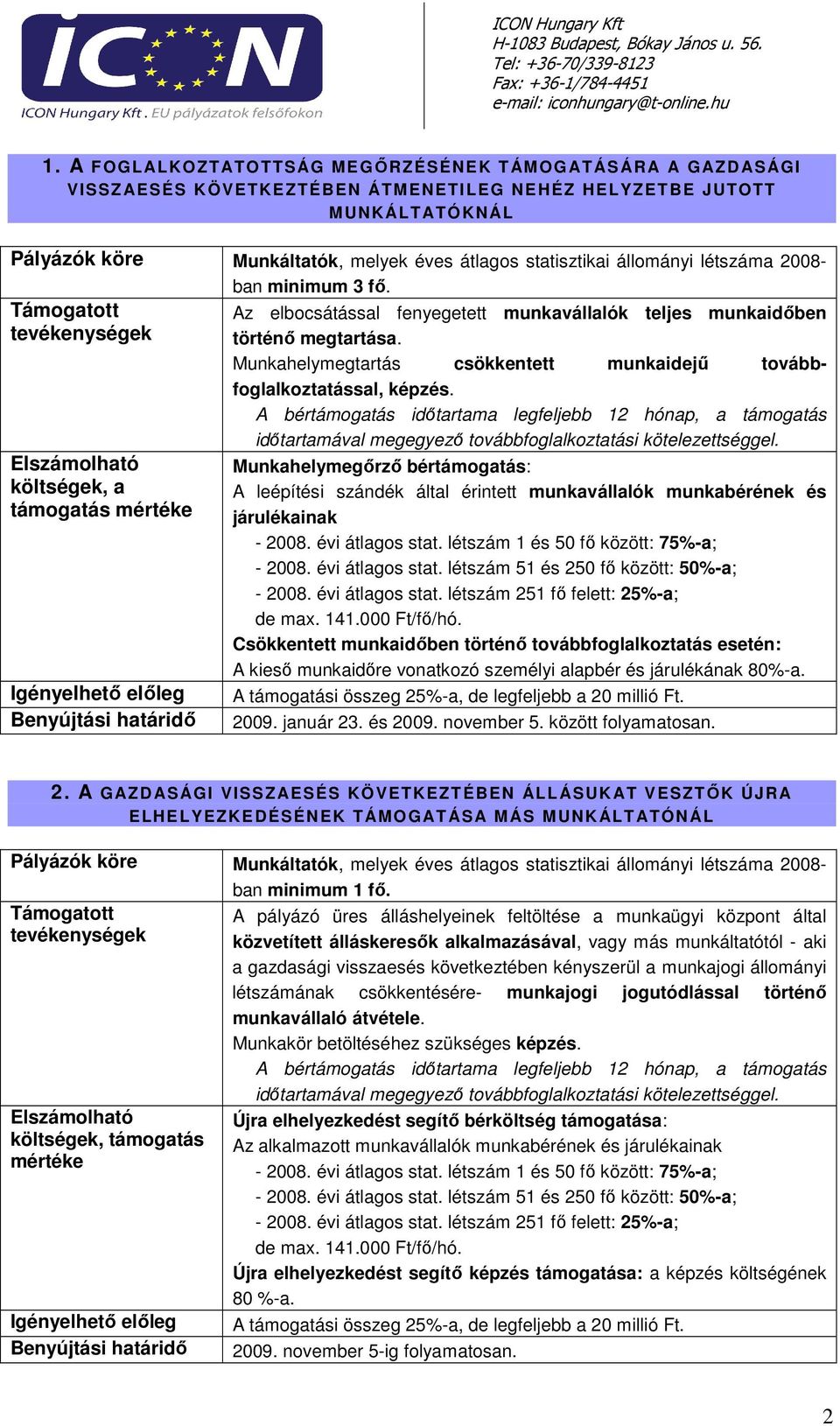 tevékenységek Elszámolható költségek, a támogatás mértéke Igényelhetı elıleg Benyújtási határidı Az elbocsátással fenyegetett munkavállalók teljes munkaidıben történı megtartása.