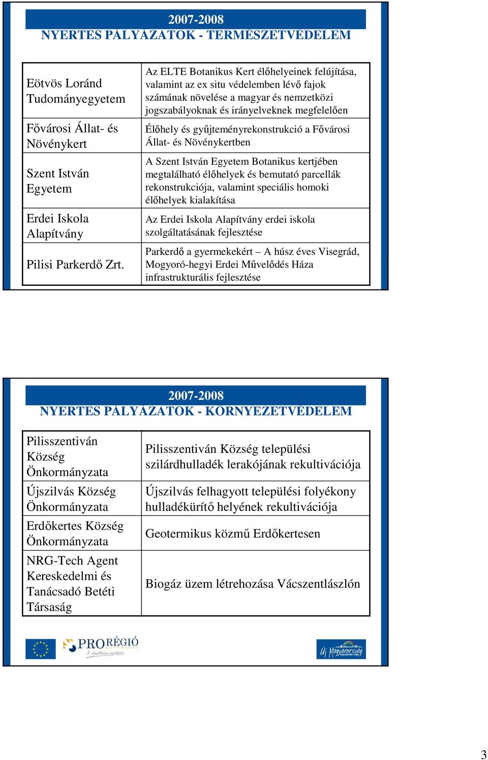 győjteményrekonstrukció a Fıvárosi Állat- és Növénykertben A Szent István Egyetem Botanikus kertjében megtalálható élıhelyek és bemutató parcellák rekonstrukciója, valamint speciális homoki élıhelyek