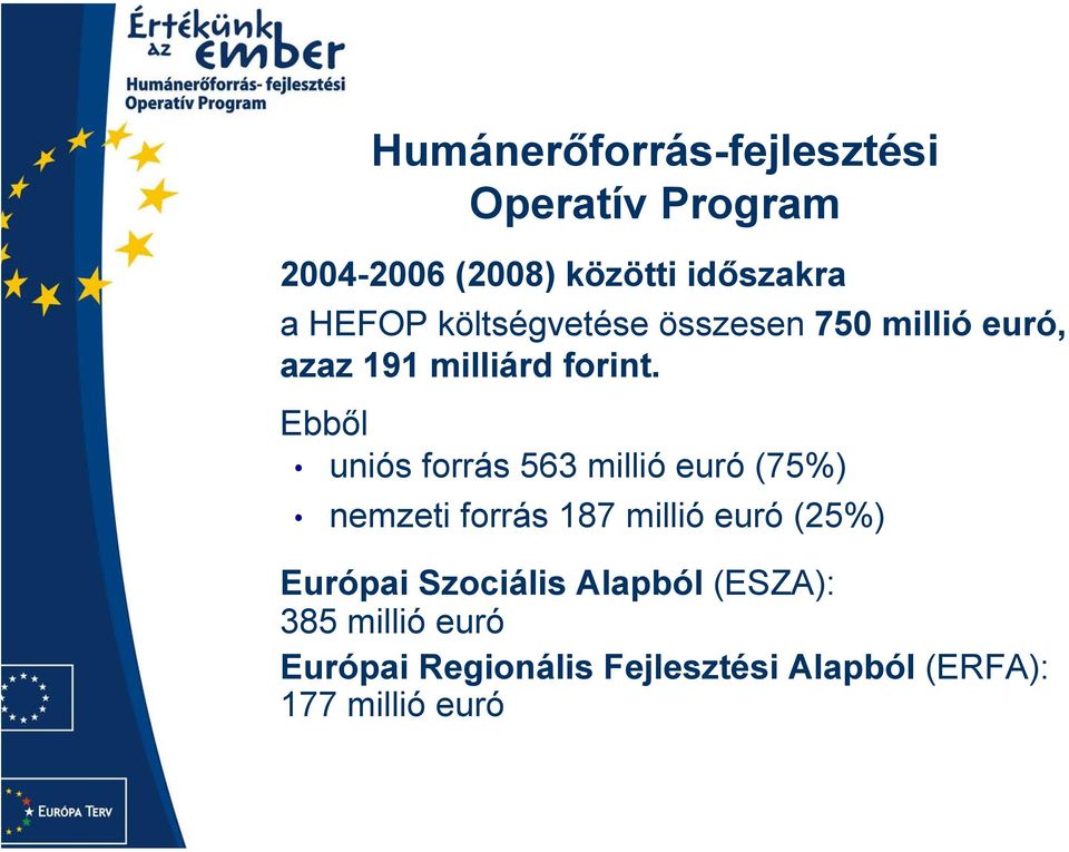 Ebből uniós forrás 563 millió euró (75%) nemzeti forrás 187 millió euró (25%) Európai