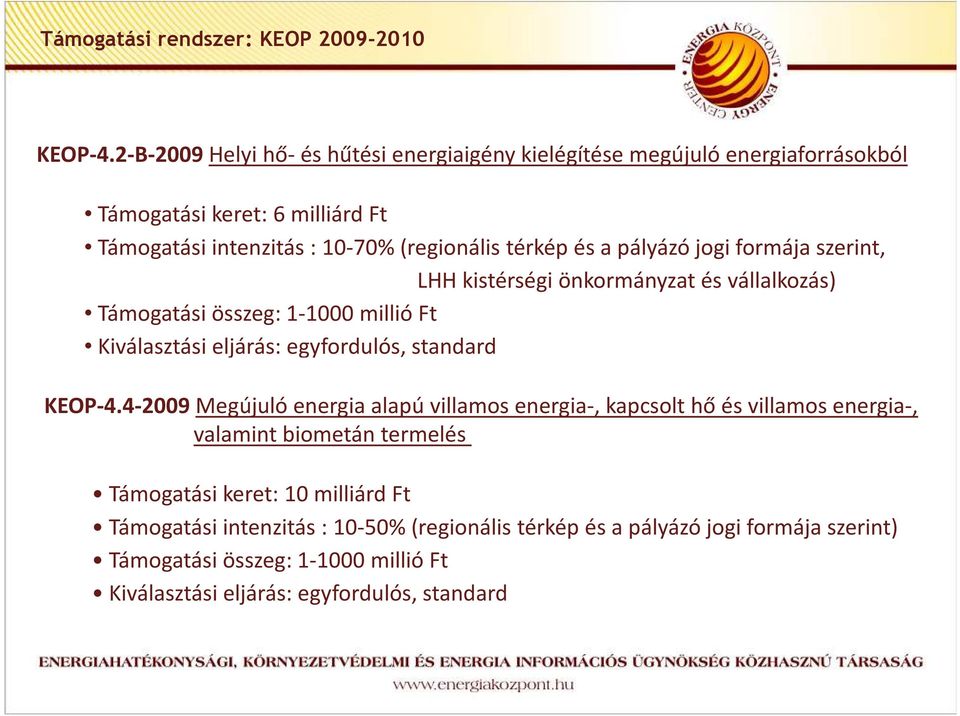 pályázó jogi formája szerint, LHH kistérségi önkormányzat és vállalkozás) Támogatási összeg: 1-1000 millió Ft Kiválasztási eljárás: egyfordulós, standard KEOP-4.