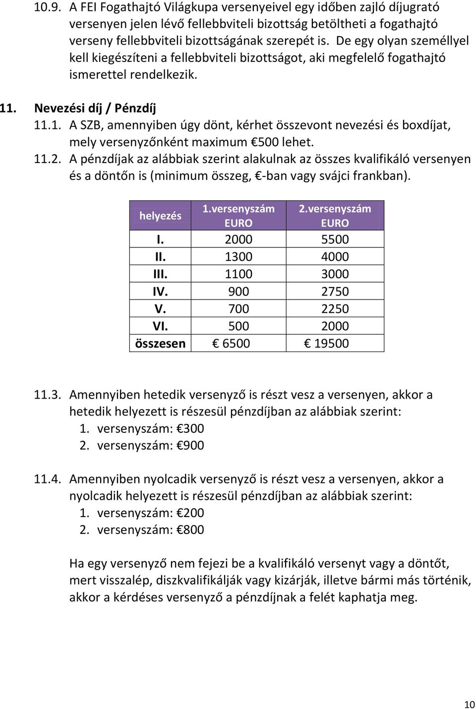 . Nevezési díj / Pénzdíj 11.1. A SZB, amennyiben úgy dönt, kérhet összevont nevezési és boxdíjat, mely versenyzőnként maximum 500 lehet. 11.2.