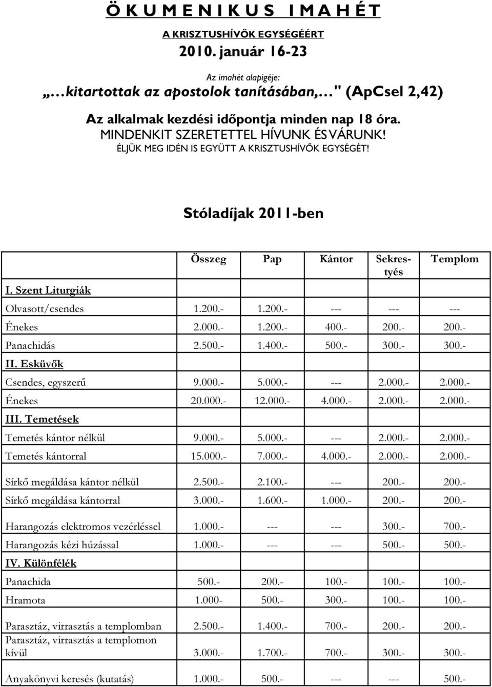 ÉLJÜK MEG IDÉN IS EGYÜTT A KRISZTUSHÍVŐK EGYSÉGÉT! Stóladíjak 2011-ben I. Szent Liturgiák Összeg Pap Kántor Sekrestyés Templom Olvasott/csendes 1.200.- 1.200.- --- --- --- Énekes 2.000.- 1.200.- 400.