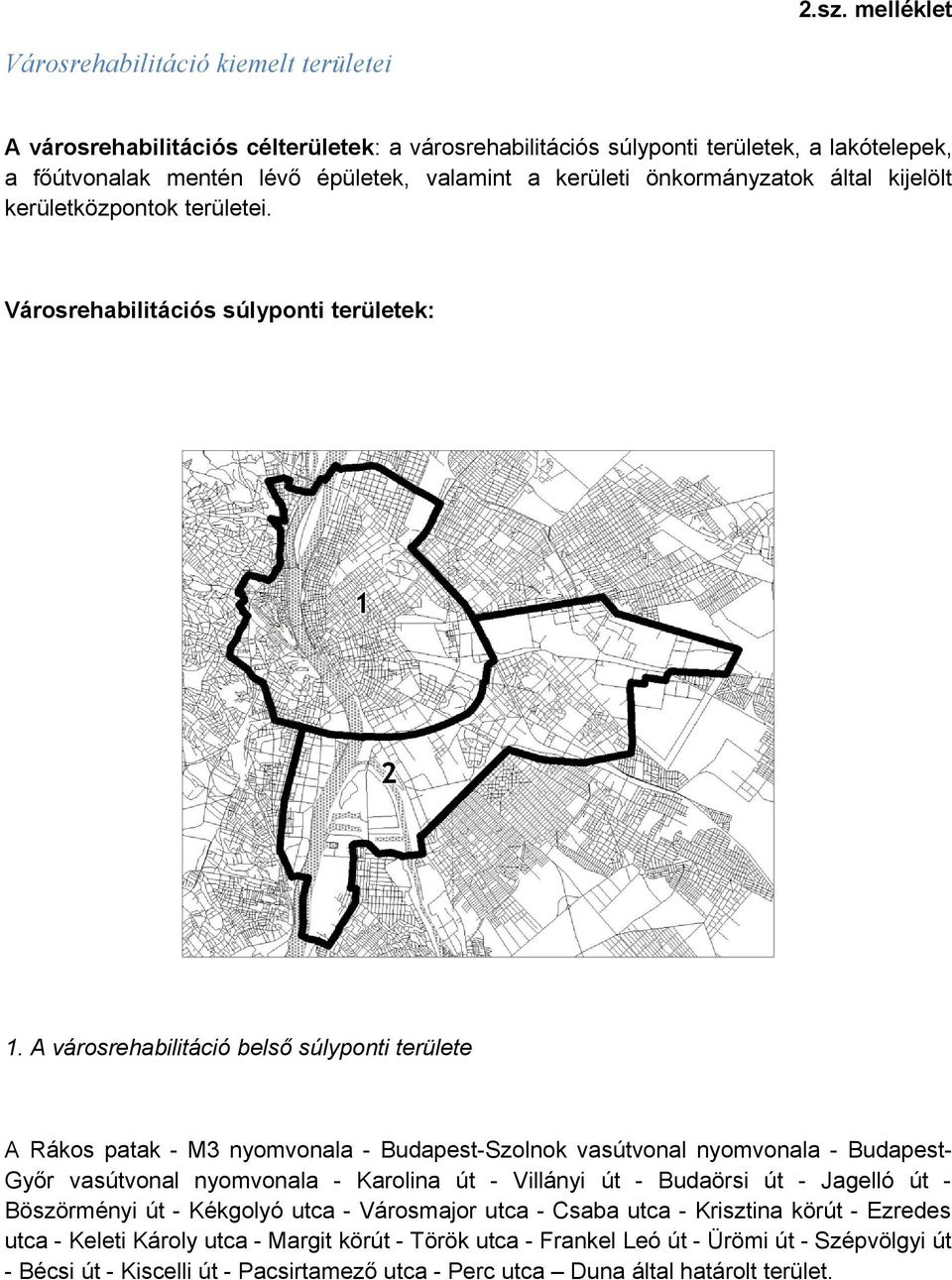 A városrehabilitáció belső súlyponti területe A Rákos patak - M3 nyomvonala - Budapest-Szolnok vasútvonal nyomvonala - Budapest- Győr vasútvonal nyomvonala - Karolina út - Villányi út - Budaörsi út