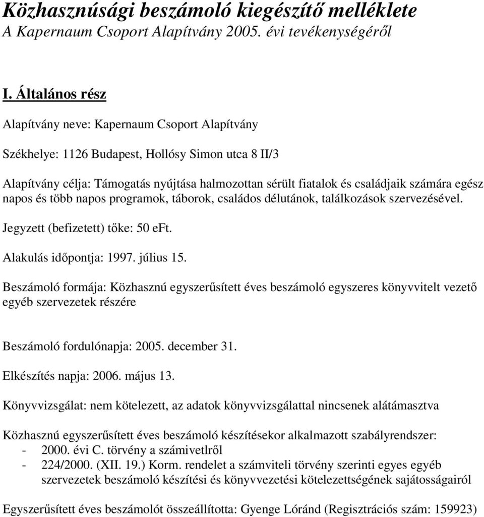 egész napos és több napos programok, táborok, családos délutánok, találkozások szervezésével. Jegyzett (befizetett) tőke: 50 eft. Alakulás időpontja: 1997. július 15.