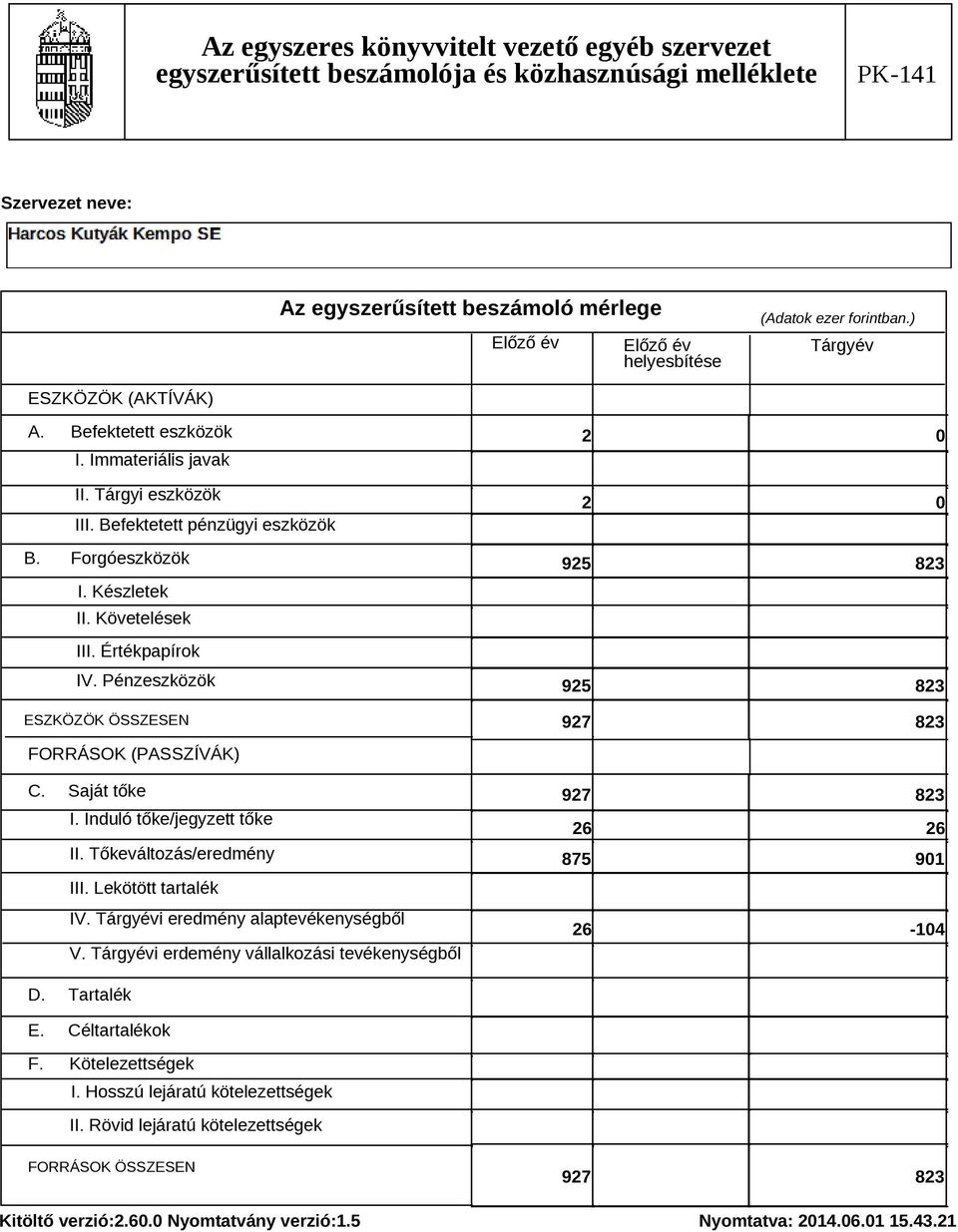 Saját tőke I. Induló tőke/jegyzett tőke II. Tőkeváltozás/eredmény III. Lekötött tartalék IV. Tárgyévi eredmény alaptevékenységből V. Tárgyévi erdemény vállalkozási tevékenységből D.