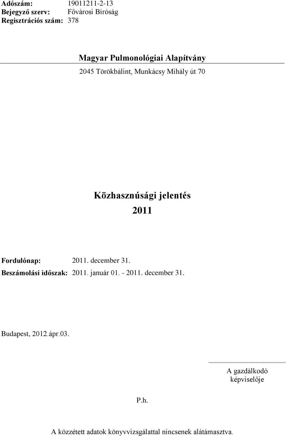 december 31. Beszámolási időszak: 2011. január 01. - 2011. december 31. Budapest, 2012.