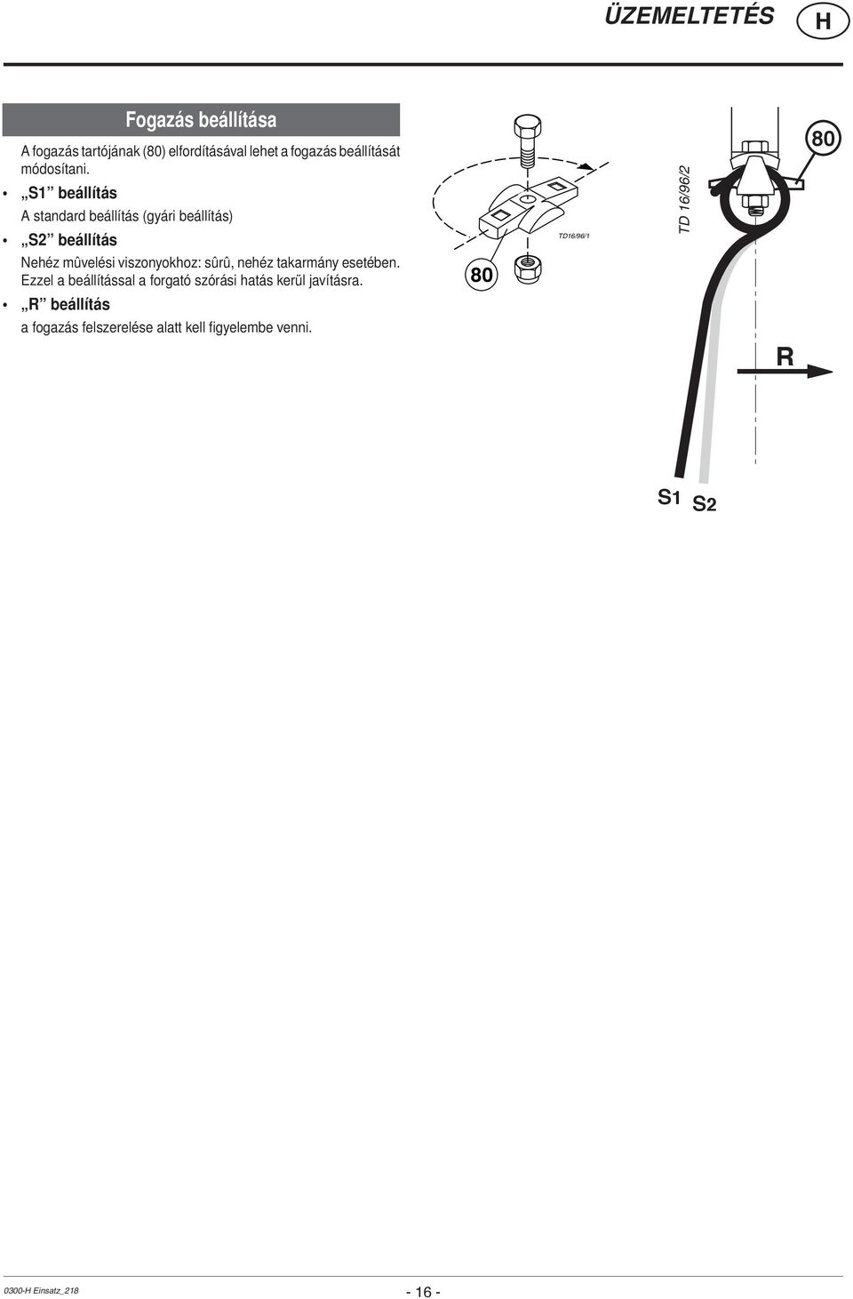 S1 beállítás A standard beállítás (gyári beállítás) S2 beállítás TD16/96/1 TD 16/96/2 80 Nehéz mûvelési