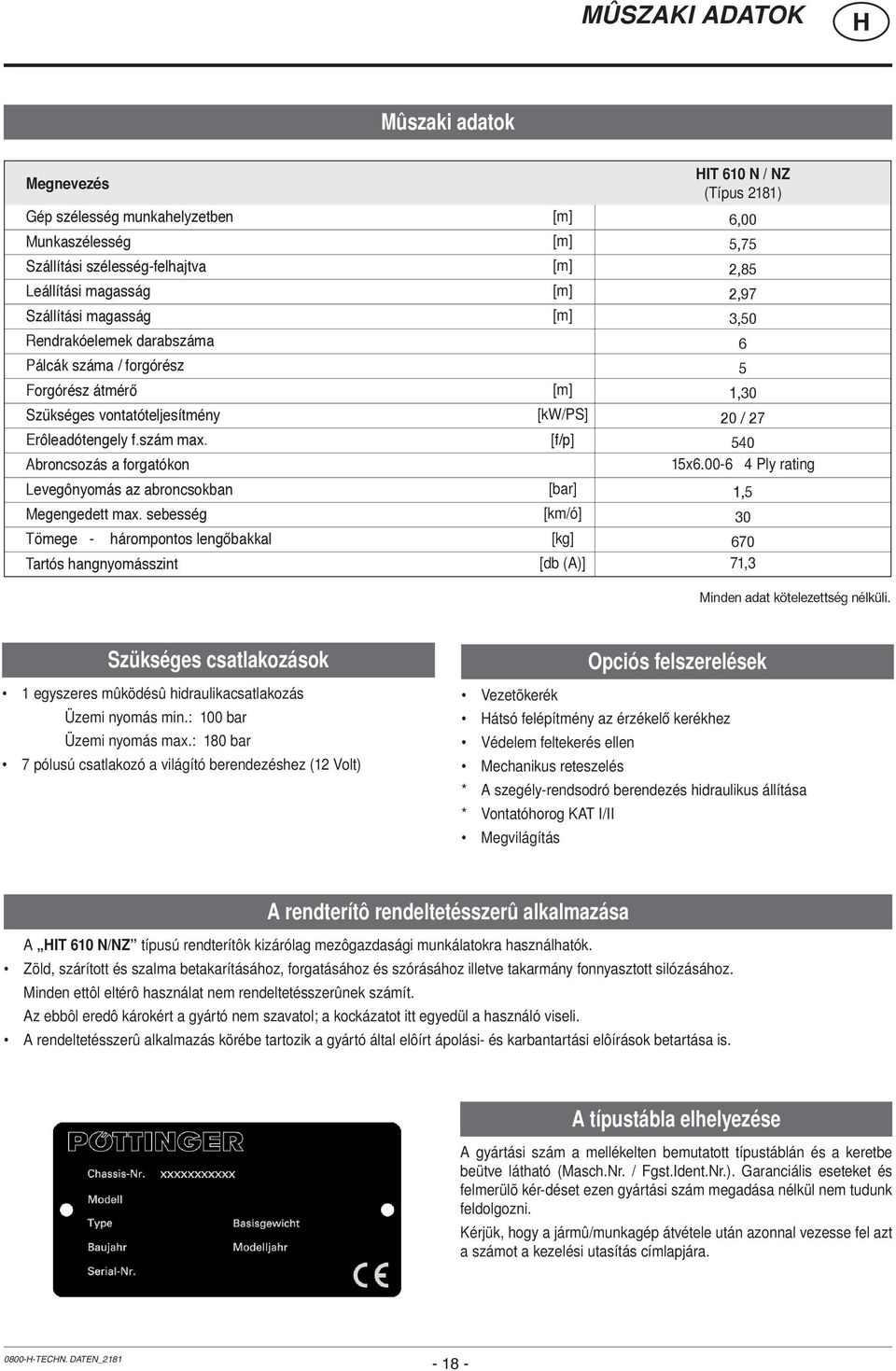 [f/p] 540 Abroncsozás a forgatókon 15x6.00-6 4 Ply rating Levegônyomás az abroncsokban [bar] 1,5 Megengedett max.