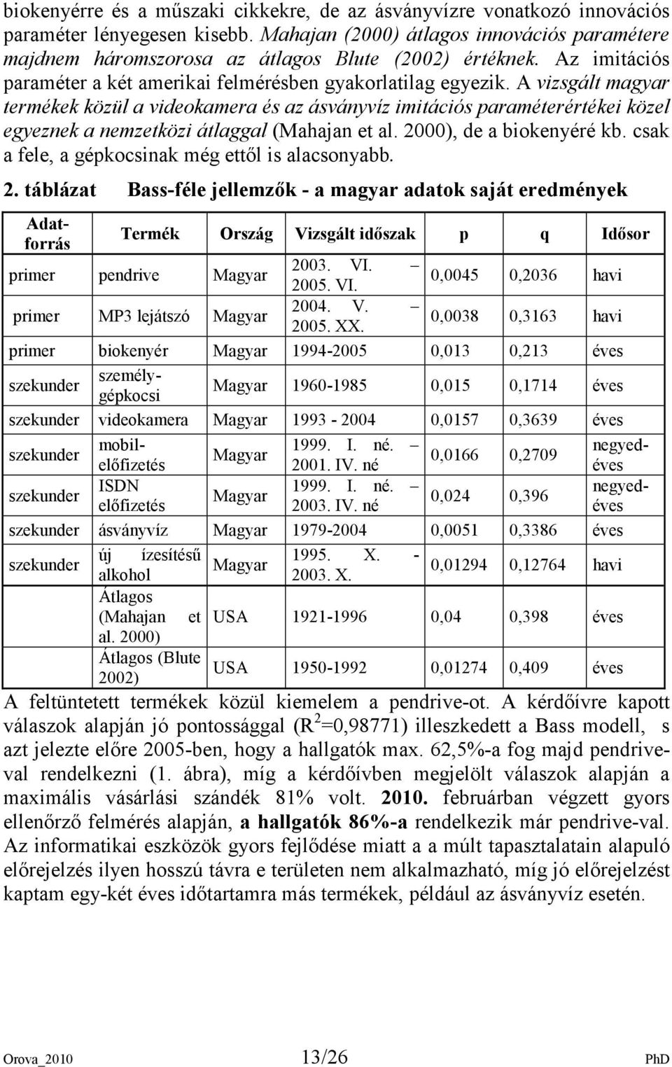 A vizsgált magyar termékek közül a videokamera és az ásványvíz imitációs paraméterértékei közel egyeznek a nemzetközi átlaggal (Mahajan et al. 2000), de a biokenyéré kb.