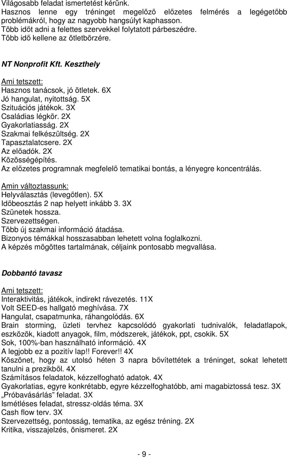 5X Szituációs játékok. 3X Családias légkör. 2X Gyakorlatiasság. 2X Szakmai felkészültség. 2X Tapasztalatcsere. 2X Az elıadók. 2X Közösségépítés.