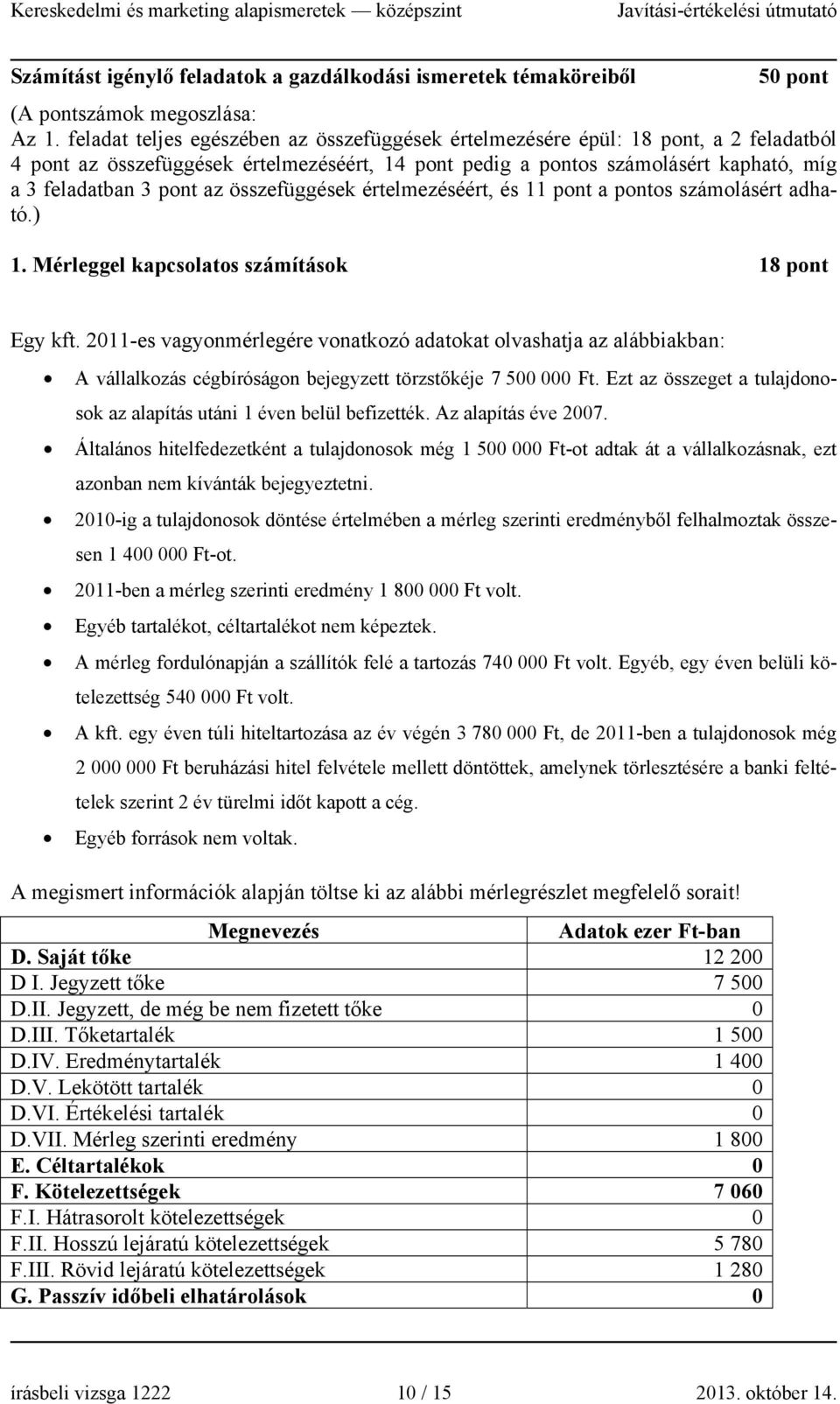 összefüggések értelmezéséért, és 1 a pontos számolásért adható.) 1. Mérleggel kapcsolatos számítások 18 pont Egy kft.