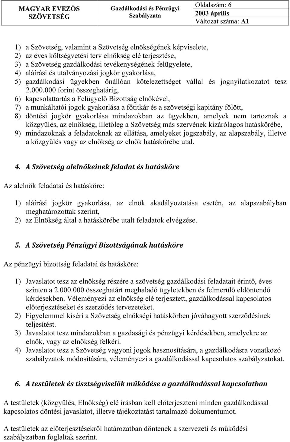 000 forint összeghatárig, 6) kapcsolattartás a Felügyelő Bizottság elnökével, 7) a munkáltatói jogok gyakorlása a főtitkár és a szövetségi kapitány fölött, 8) döntési jogkör gyakorlása mindazokban az