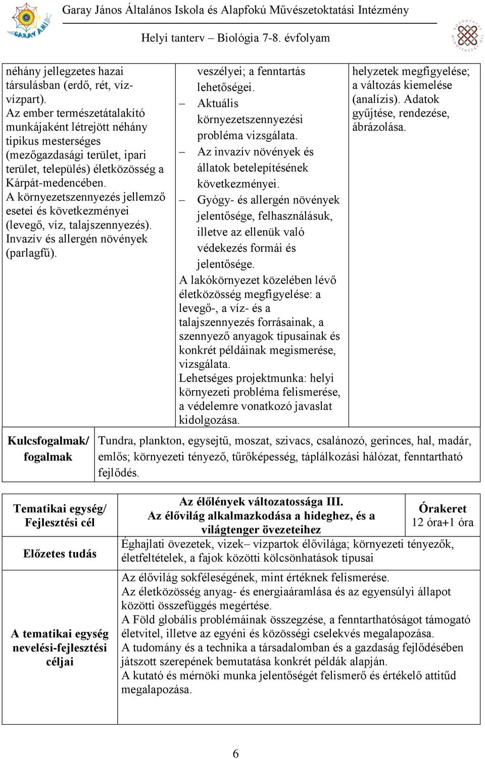 A környezetszennyezés jellemző esetei és következményei (levegő, víz, talajszennyezés). Invazív és allergén növények (parlagfű). Kulcsfogalmak/ fogalmak veszélyei; a fenntartás lehetőségei.