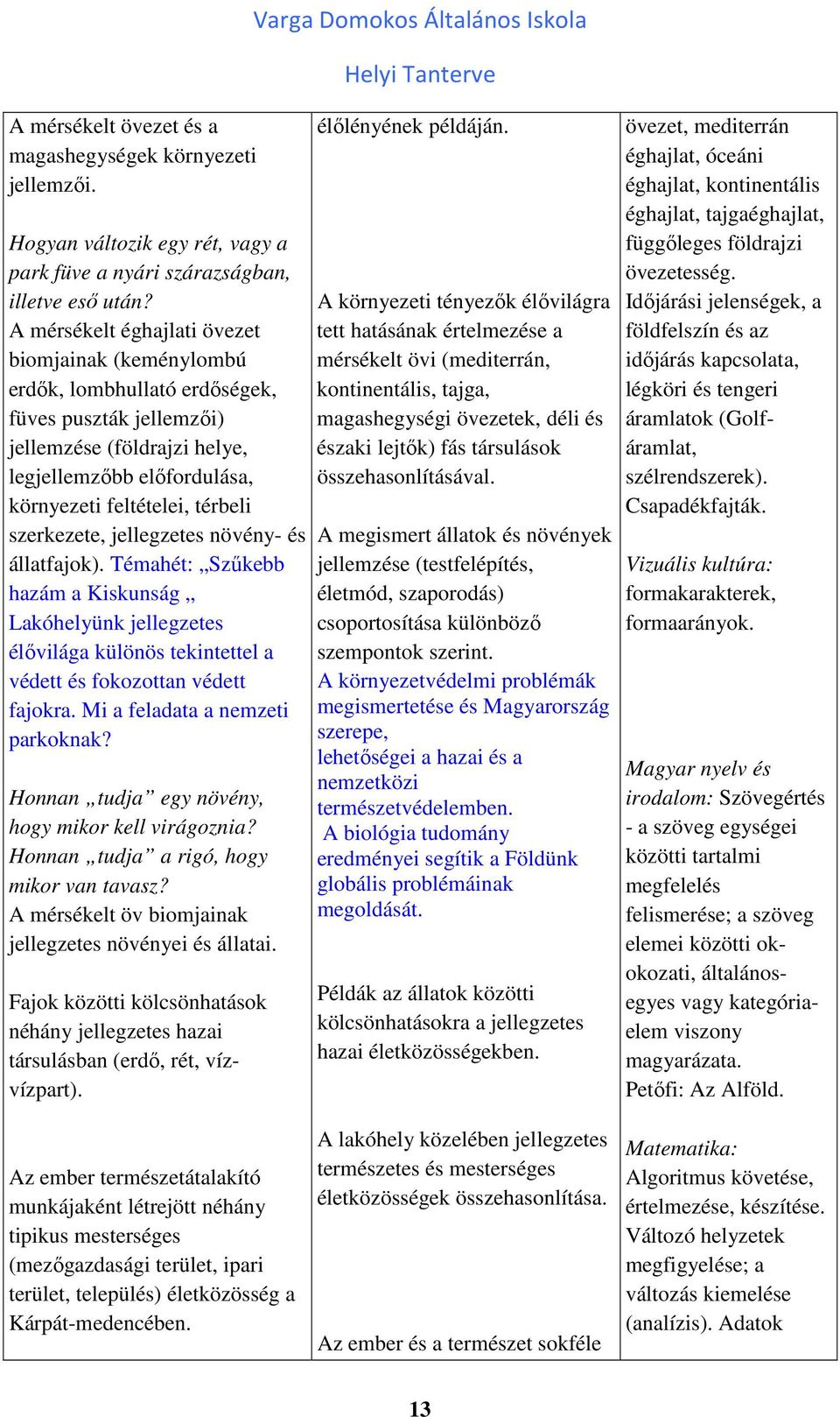 szerkezete, jellegzetes növény- és állatfajok). Témahét: Szűkebb hazám a Kiskunság Lakóhelyünk jellegzetes élővilága különös tekintettel a védett és fokozottan védett fajokra.