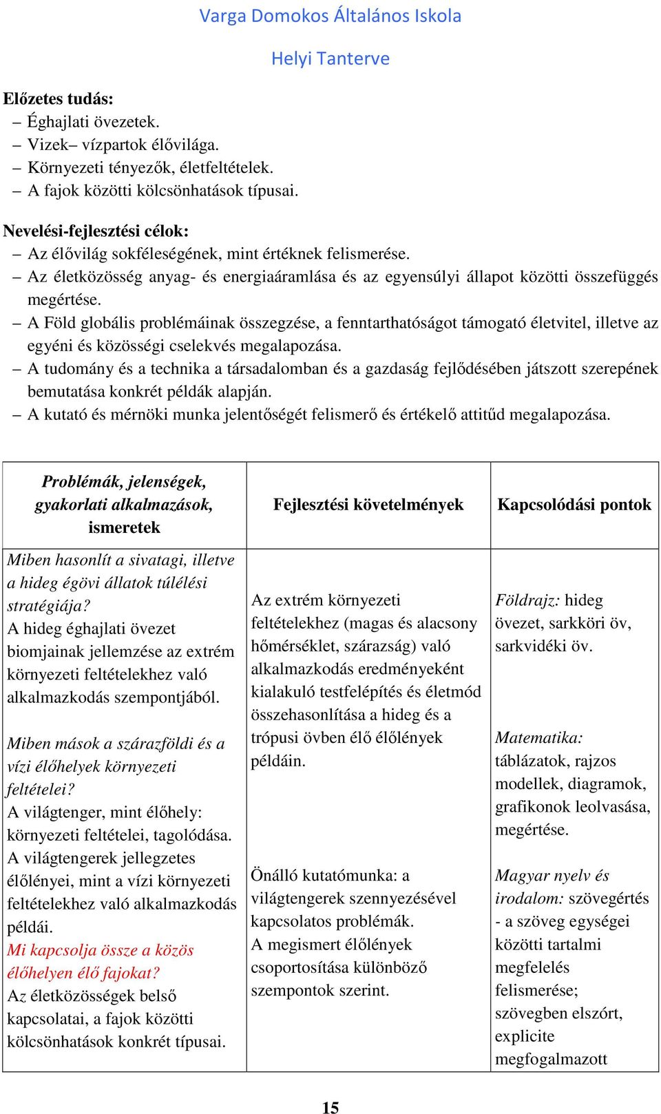 Az életközösség anyag- és energiaáramlása és az egyensúlyi állapot közötti összefüggés megértése.