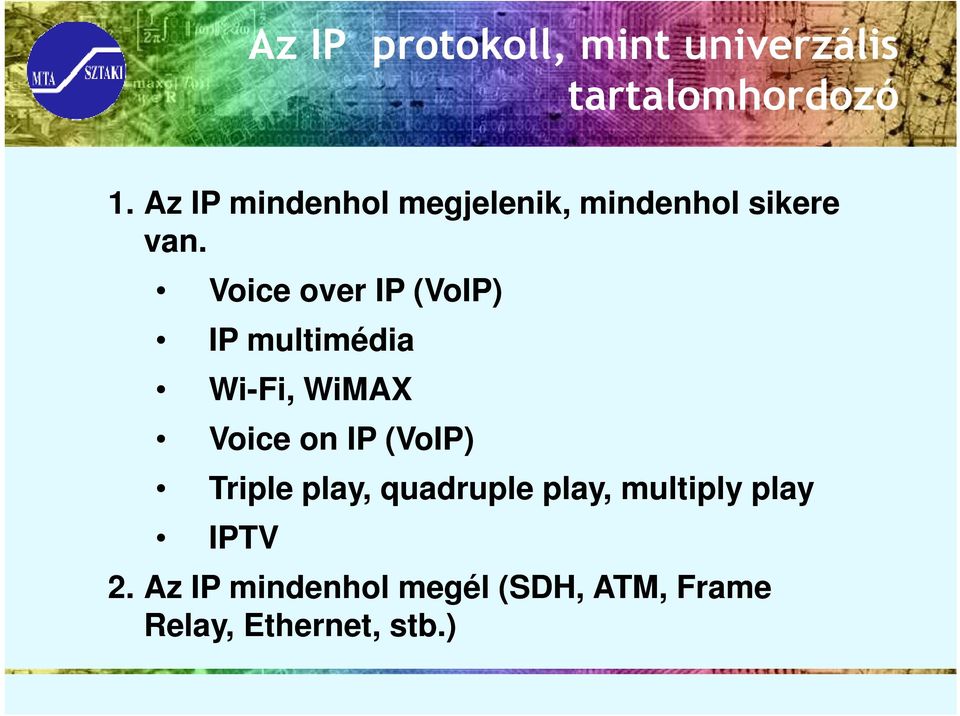 Voice over IP (VoIP) IP multimédia Wi-Fi, WiMAX Voice on IP (VoIP)