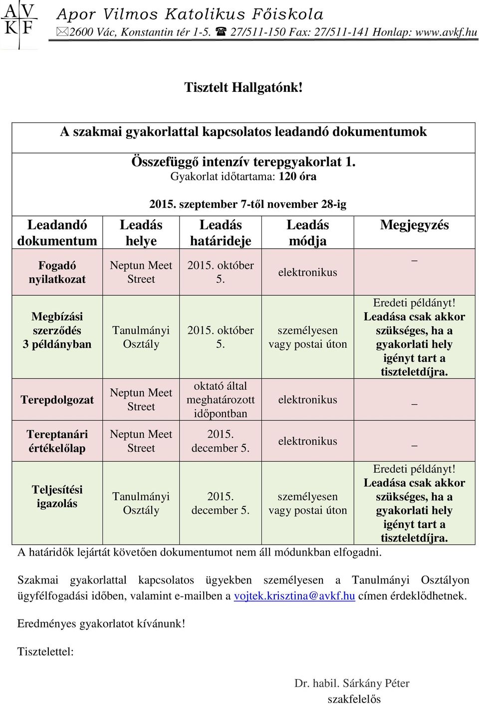 Leadás módja elektronikus Megjegyzés _ Megbízási szerződés 3 példányban Terepdolgozat Tereptanári értékelőlap Teljesítési igazolás Tanulmányi Osztály Neptun Meet Street Neptun Meet Street Tanulmányi