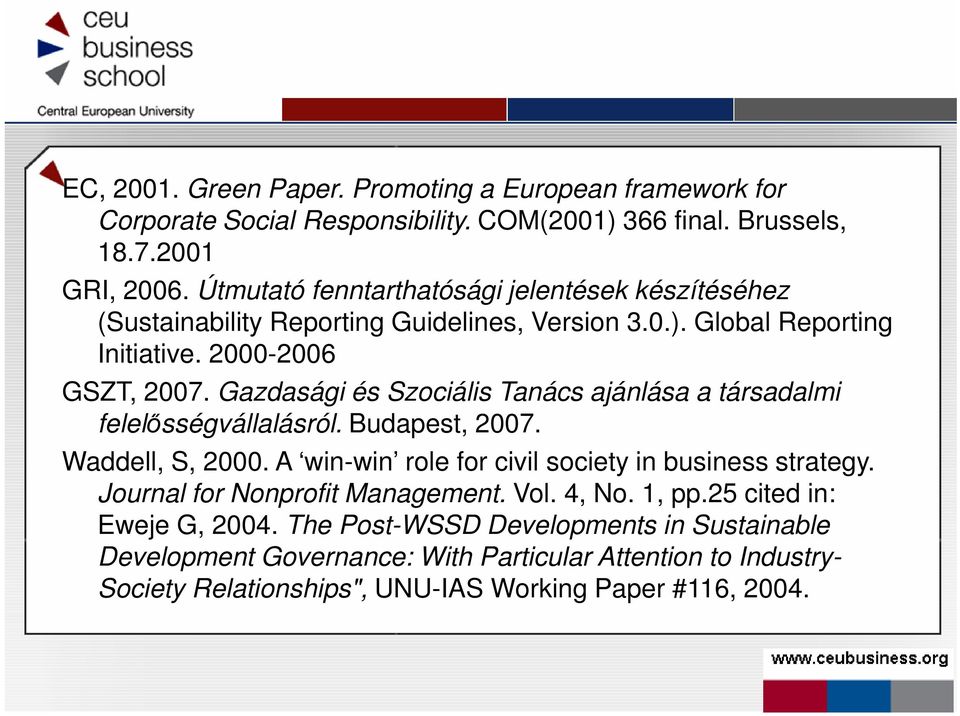 Gazdasági és Szociális Tanács ajánlása a társadalmi felelısségvállalásról. Budapest, 2007. Waddell, S, 2000. A win-win role for civil society in business strategy.