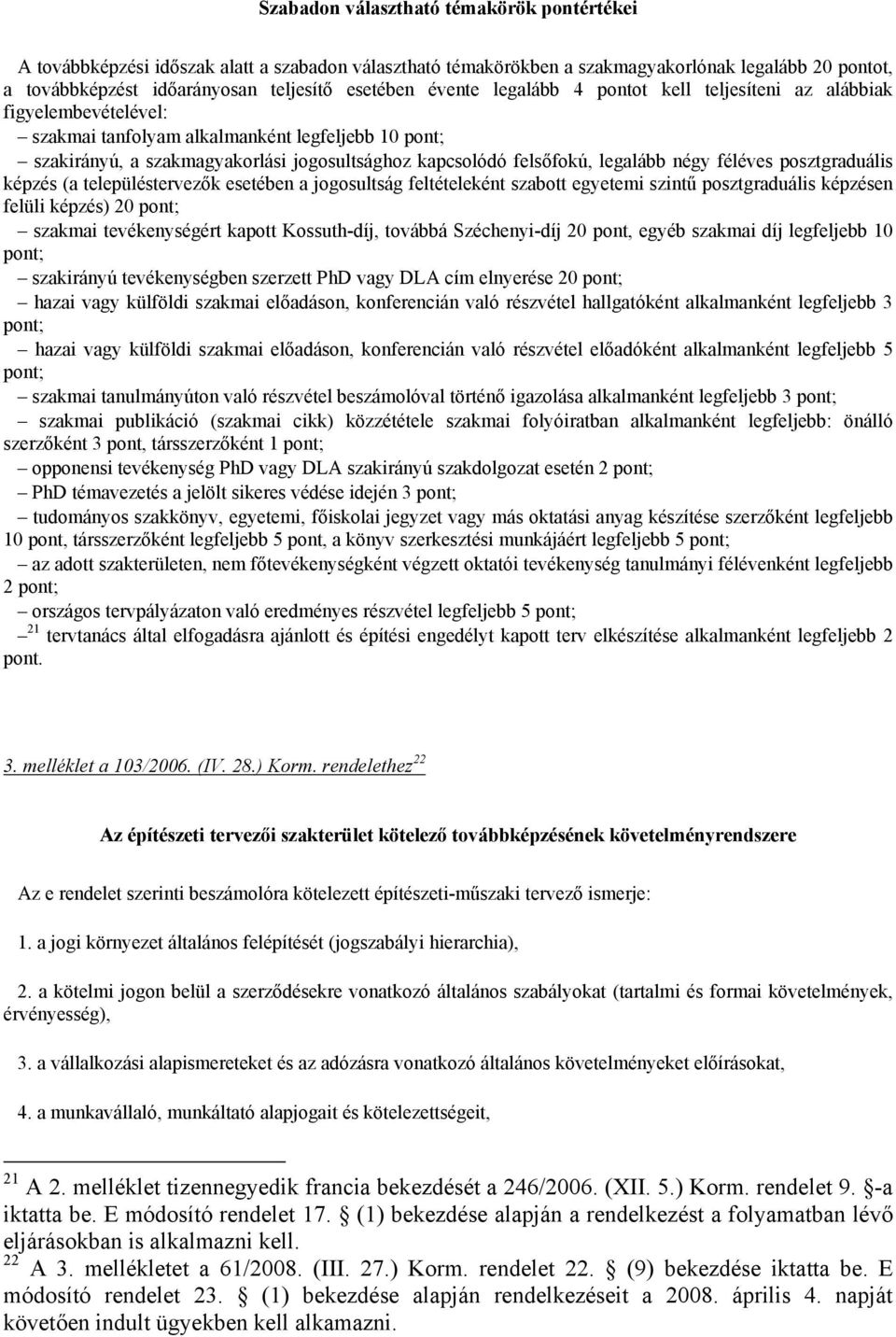 legalább négy féléves posztgraduális képzés (a településtervezők esetében a jogosultság feltételeként szabott egyetemi szintű posztgraduális képzésen felüli képzés) 20 pont; szakmai tevékenységért