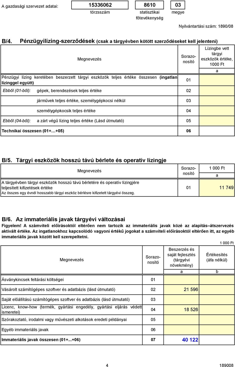 erendezések teljes értéke 2 jármővek teljes értéke, személygépkocsi nélkül 3 személygépkocsik teljes értéke 4 Eıl (4-ıl): zárt végő lízing teljes értéke (Lásd útmuttó) 5 1 Lízinge vett tárgyi