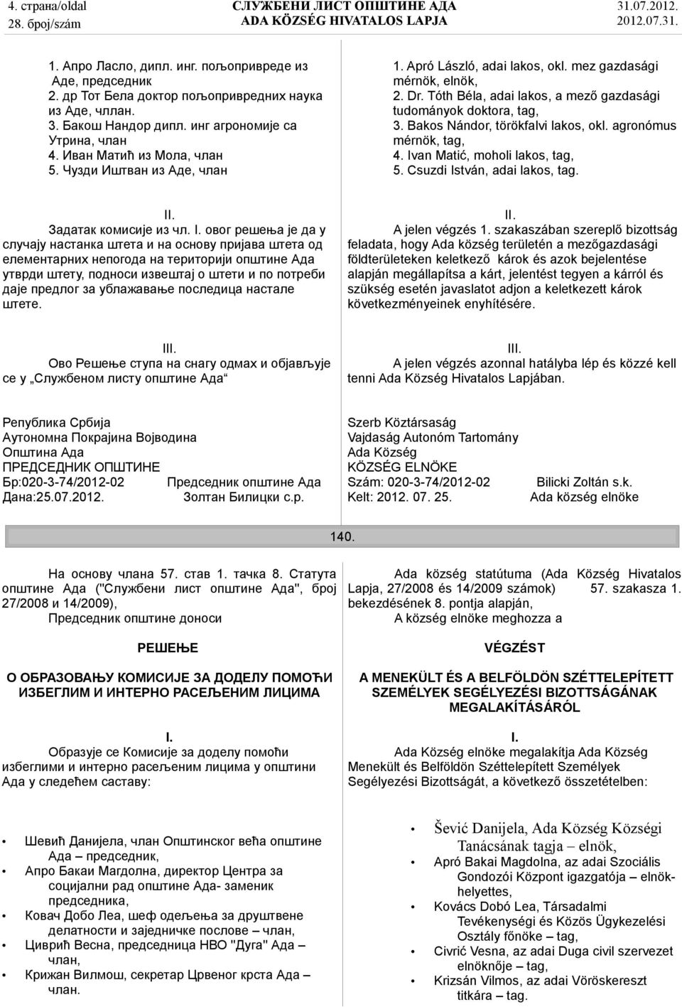 Bakos Nándor, törökfalvi lakos, okl. agronómus mérnök, tag, 4. Ivan Matić, moholi lakos, tag, 5. Csuzdi István, adai lakos, tag. I Задатак комисије из чл.