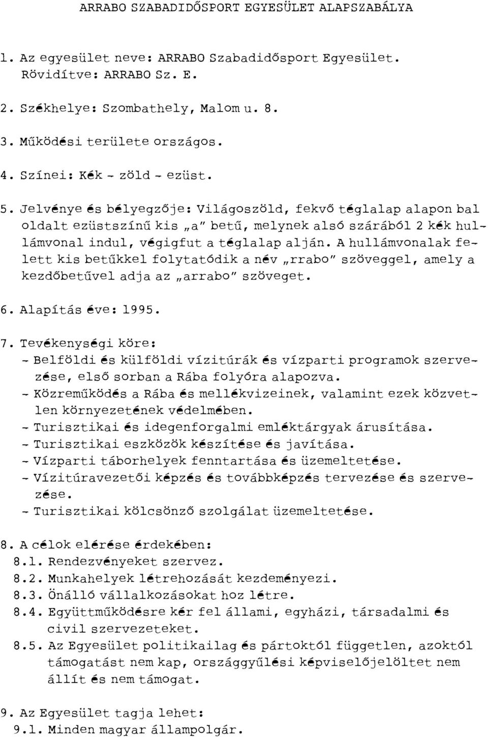 A hullámvonalak felett kis betűkkel folytatódik a név rrabo szöveggel, amely a kezdőbetűvel adja az arrabo szöveget. 6. Alapítás éve: l995. 7.