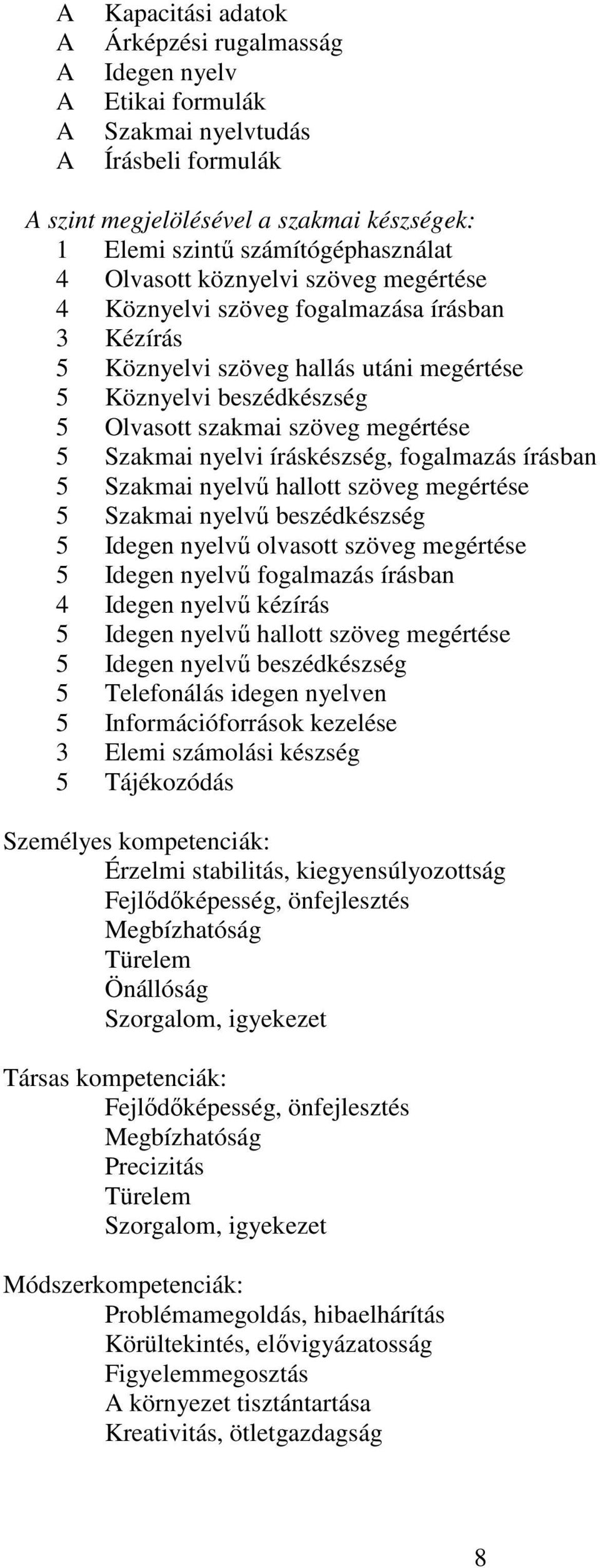 íráskészség, fogalmazás írásban 5 Szakmai nyelvű hallott szöveg megértése 5 Szakmai nyelvű beszédkészség 5 Idegen nyelvű olvasott szöveg megértése 5 Idegen nyelvű fogalmazás írásban 4 Idegen nyelvű