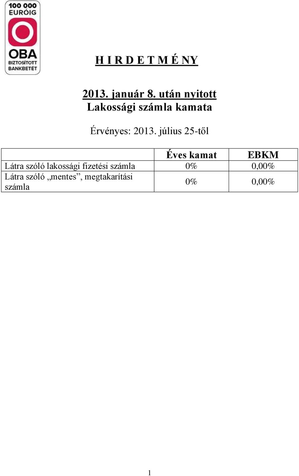 2013. július 25-től Éves kamat EBKM Látra szóló