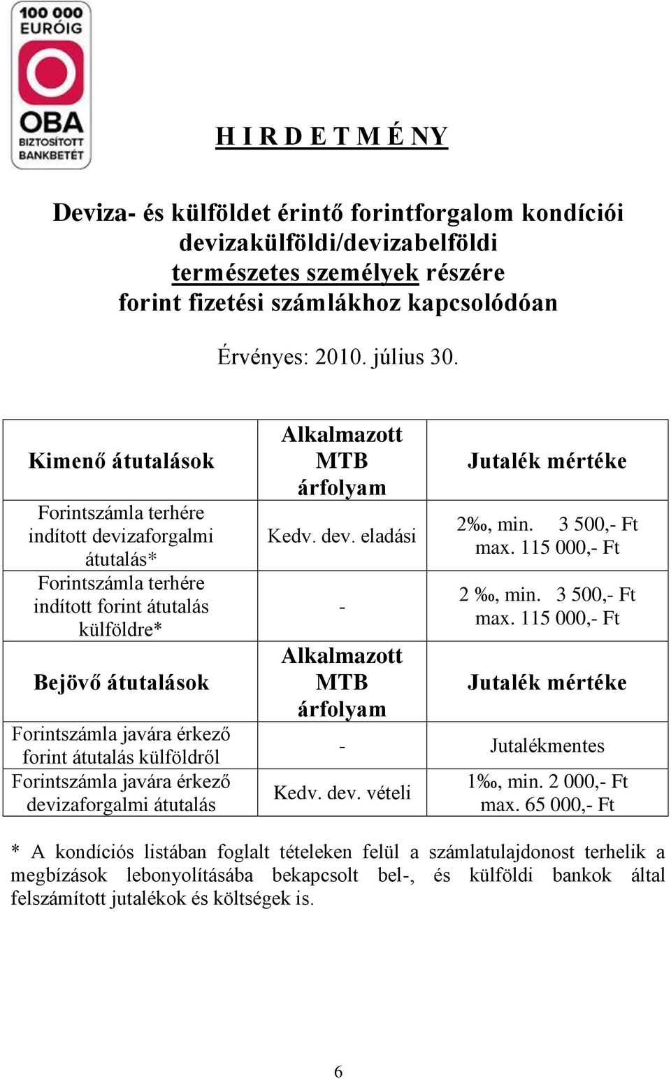 külföldről Forintszámla javára érkező devizaforgalmi átutalás Alkalmazott MTB árfolyam Kedv. dev. eladási - Alkalmazott MTB árfolyam Jutalék mértéke 2, min. 3 500,- Ft max. 115 000,- Ft 2, min.