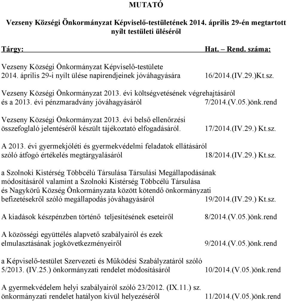(V.05.)önk.rend Vezseny Községi Önkormányzat 2013. évi belső ellenőrzési összefoglaló jelentéséről készült tájékoztató elfogadásáról. 17/2014.(IV.29.) Kt.sz. A 2013.