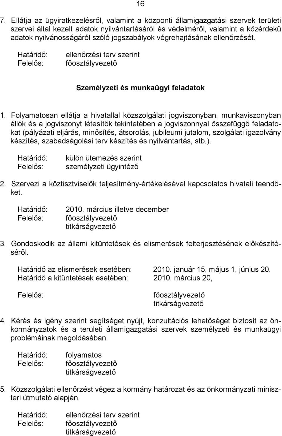 Folyamatosan ellátja a hivatallal közszolgálati jogviszonyban, munkaviszonyban állók és a jogviszonyt létesítők tekintetében a jogviszonnyal összefüggő feladatokat (pályázati eljárás, minősítés,