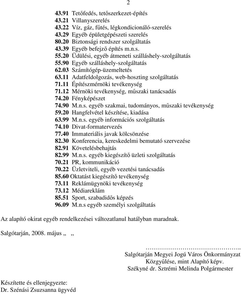 11 Adatfeldolgozás, web-hoszting szolgáltatás 71.11 Építészmérnöki tevékenység 71.12 Mérnöki tevékenység, mőszaki tanácsadás 74.20 Fényképészet 74.90 M.n.s. egyéb szakmai, tudományos, mőszaki tevékenység 59.