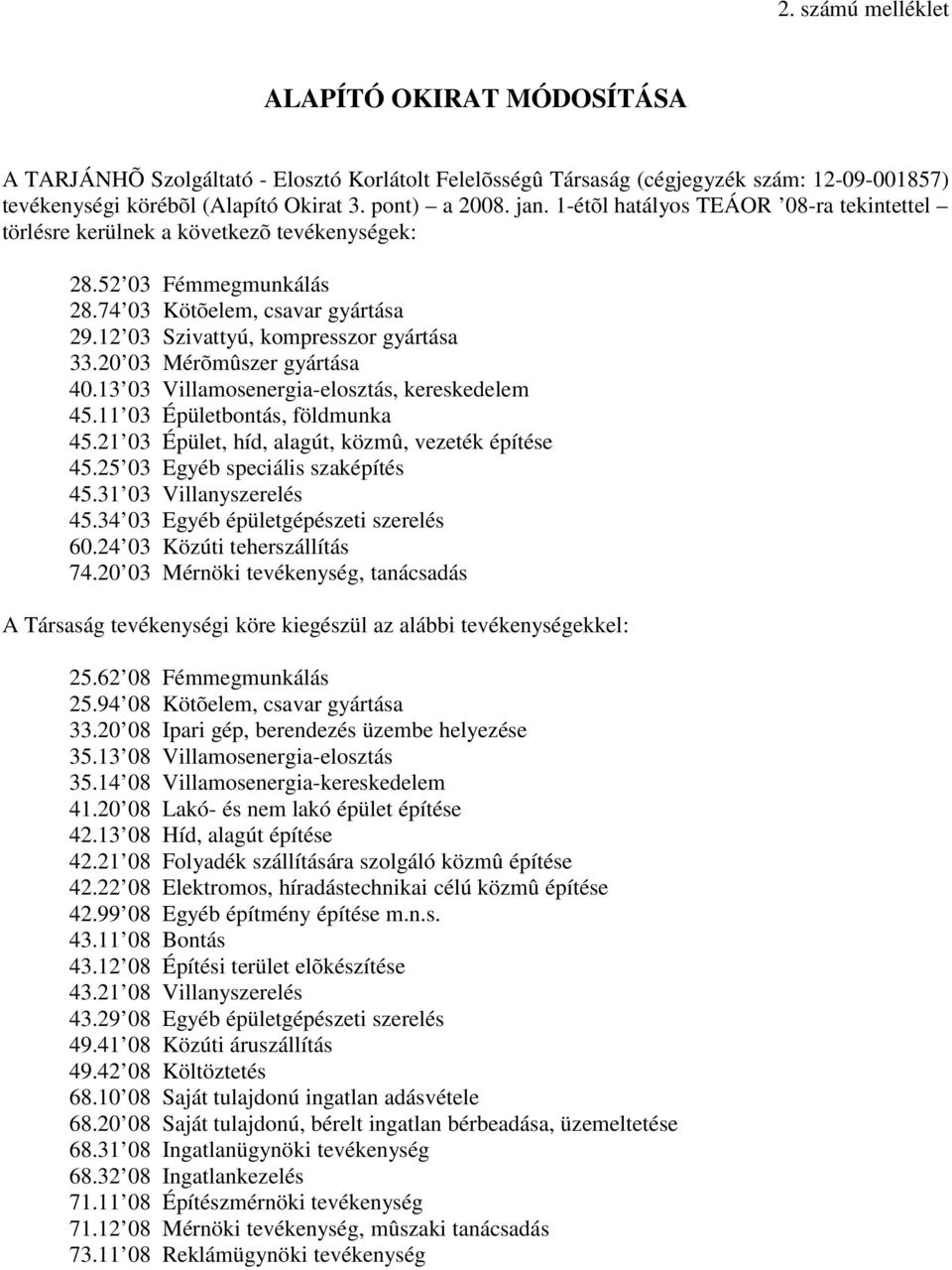 20 03 Mérõmûszer gyártása 40.13 03 Villamosenergia-elosztás, kereskedelem 45.11 03 Épületbontás, földmunka 45.21 03 Épület, híd, alagút, közmû, vezeték építése 45.25 03 Egyéb speciális szaképítés 45.