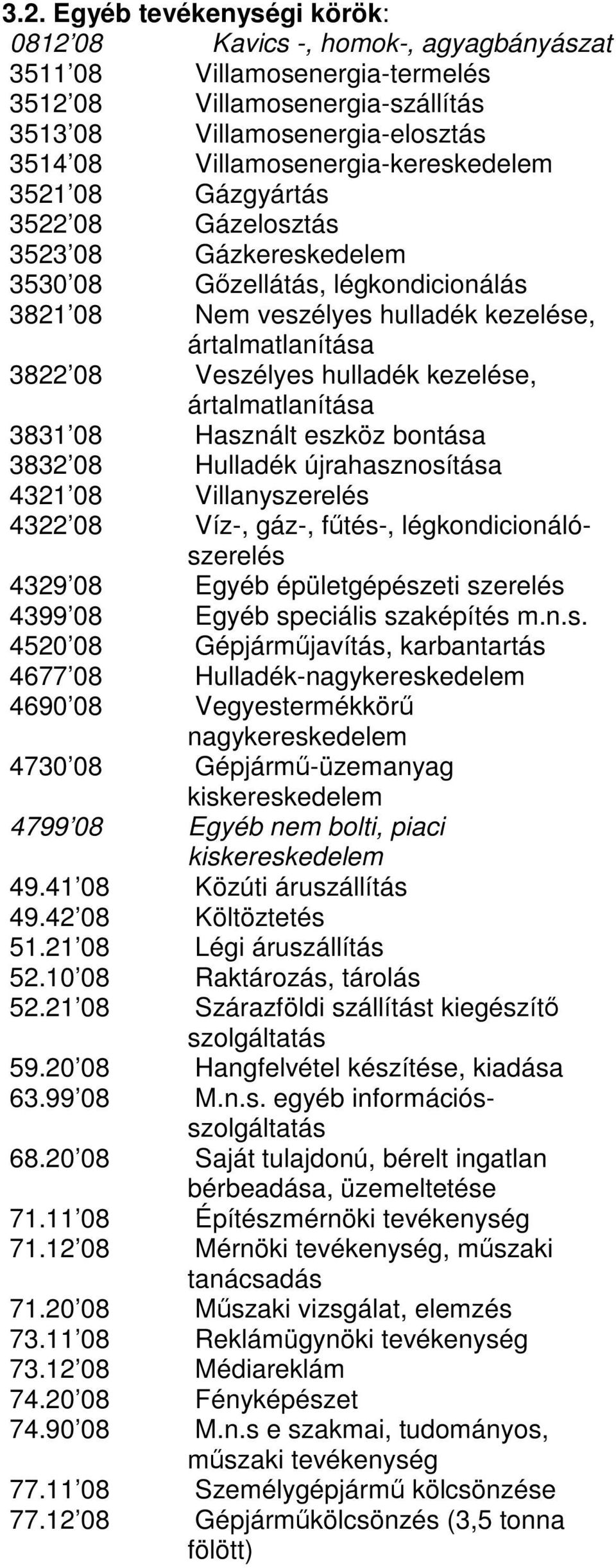 Veszélyes hulladék kezelése, ártalmatlanítása 3831 08 Használt eszköz bontása 3832 08 Hulladék újrahasznosítása 4321 08 Villanyszerelés 4322 08 Víz-, gáz-, fűtés-, légkondicionálószerelés 4329 08