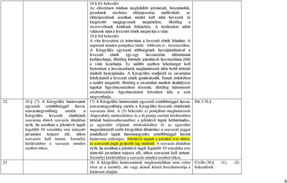 százaléka erre irányuló javaslatot terjeszt elő, titkos szavazást kell tartani. Személyi kérdésekben a szavazás minden esetben titkos. 10.