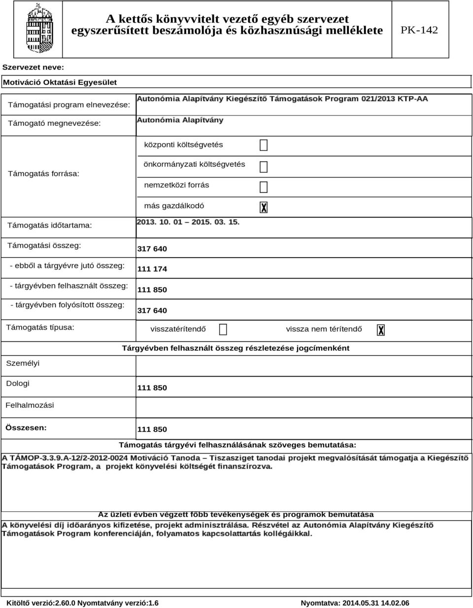 317 64 visszatérítendő vissza nem térítendő Tárgyévben felhasznált összeg részletezése jogcímenként Személyi Dologi 111 85 Felhalmozási Összesen: 111 85 Támogatás