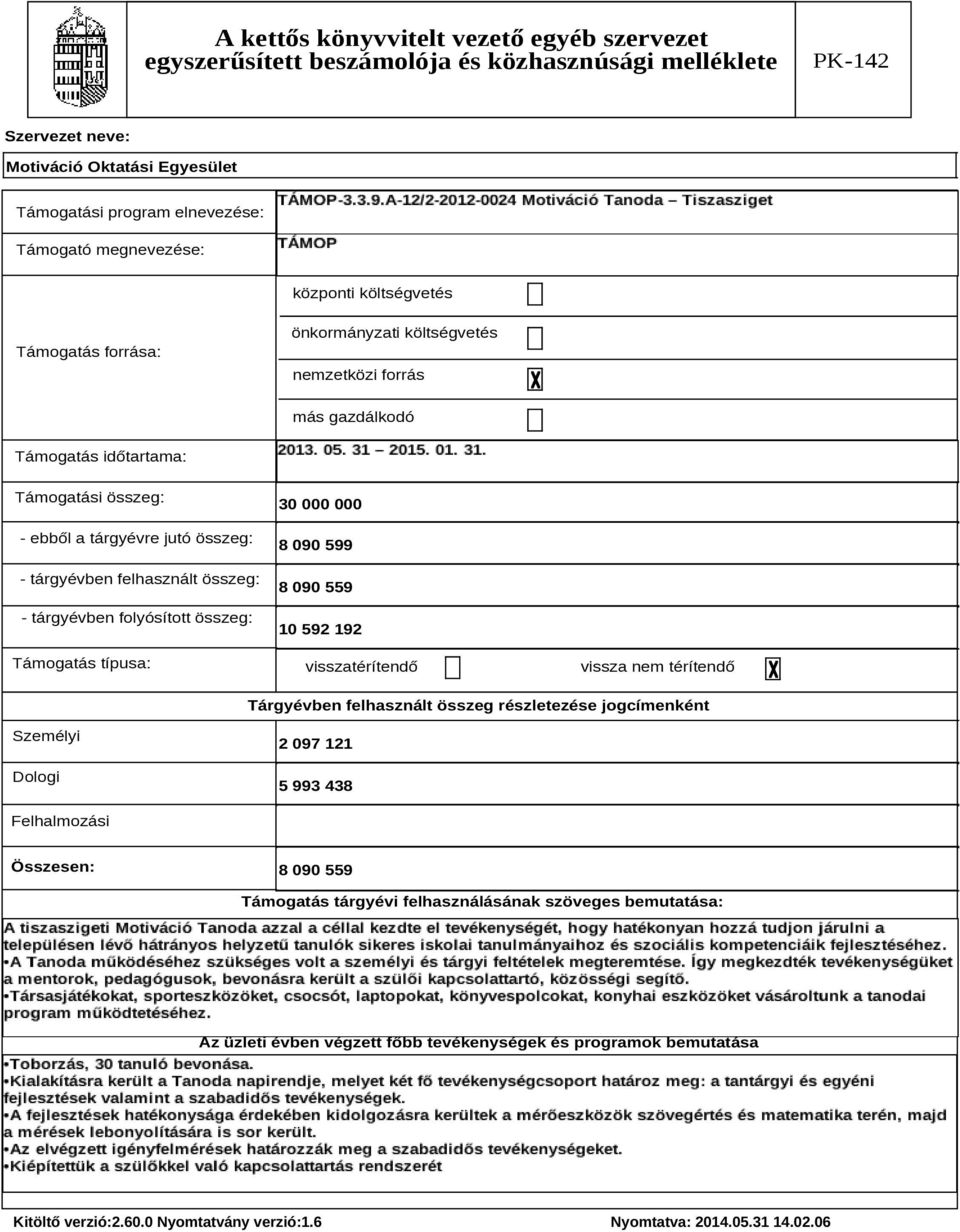 192 visszatérítendő vissza nem térítendő Tárgyévben felhasznált összeg részletezése jogcímenként Személyi Dologi 2 97 121 5 993 438 Felhalmozási Összesen: 8 9 559 Támogatás