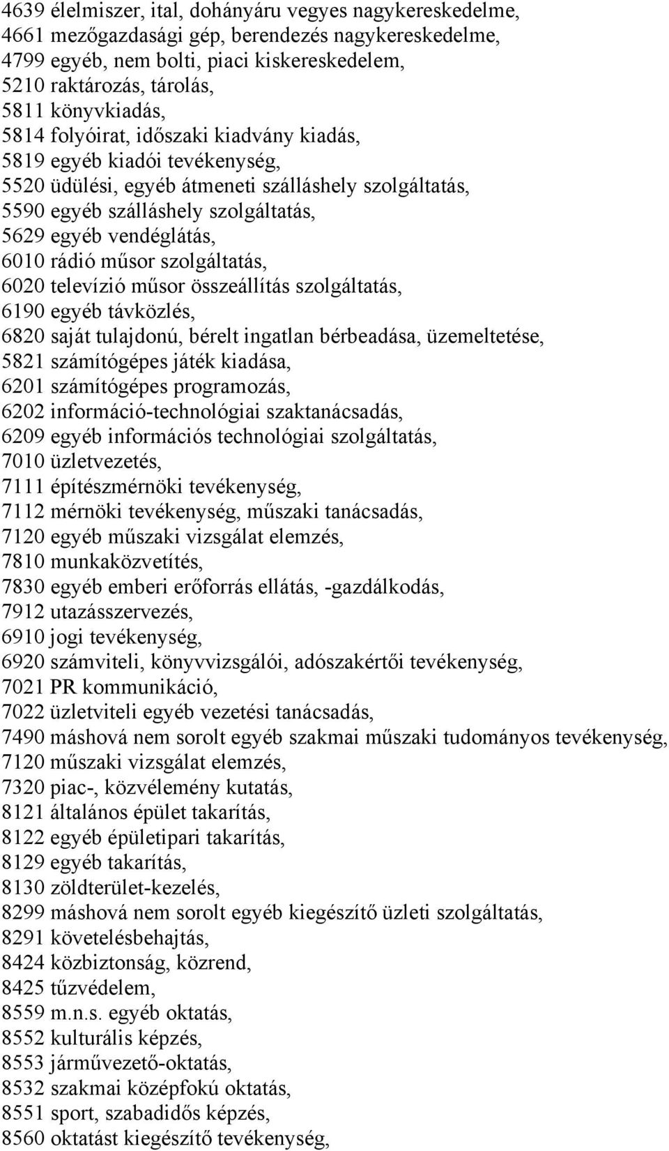 vendéglátás, 6010 rádió műsor szolgáltatás, 6020 televízió műsor összeállítás szolgáltatás, 6190 egyéb távközlés, 6820 saját tulajdonú, bérelt ingatlan bérbeadása, üzemeltetése, 5821 számítógépes