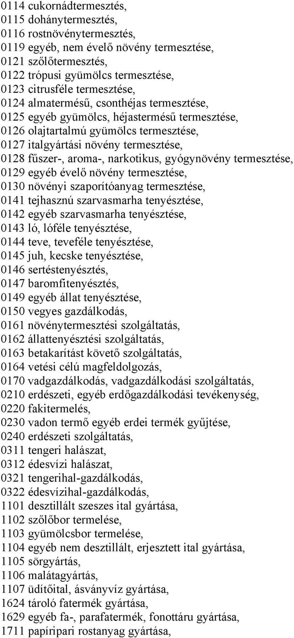 aroma-, narkotikus, gyógynövény termesztése, 0129 egyéb évelő növény termesztése, 0130 növényi szaporítóanyag termesztése, 0141 tejhasznú szarvasmarha tenyésztése, 0142 egyéb szarvasmarha