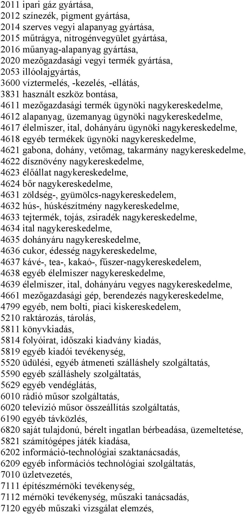 nagykereskedelme, 4617 élelmiszer, ital, dohányáru ügynöki nagykereskedelme, 4618 egyéb termékek ügynöki nagykereskedelme, 4621 gabona, dohány, vetőmag, takarmány nagykereskedelme, 4622 dísznövény