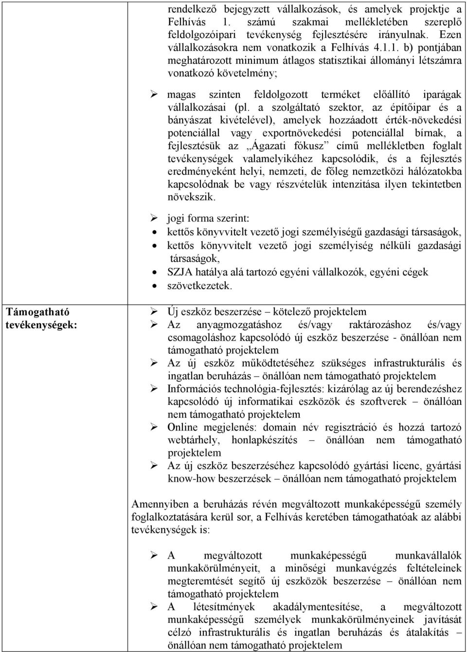 1. b) pontjában meghatározott minimum átlagos statisztikai állományi létszámra vonatkozó követelmény; magas szinten feldolgozott terméket előállító iparágak vállalkozásai (pl.