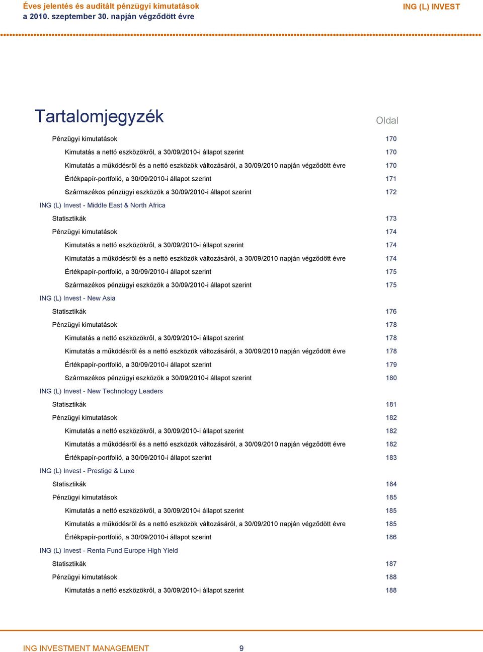 Invest Middle East & North Africa Statisztikák 173 Pénzügyi kimutatások 174 Kimutatás a nettó eszközökről, a 30/09/2010i állapot szerint 174 Kimutatás a működésről és a nettó eszközök változásáról, a