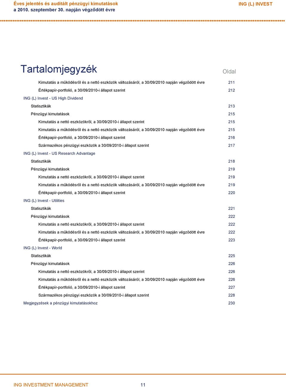 Kimutatás a működésről és a nettó eszközök változásáról, a 30/09/2010 napján végződött évre 215 Értékpapírportfolió, a 30/09/2010i állapot szerint 216 Származékos pénzügyi eszközök a 30/09/2010i