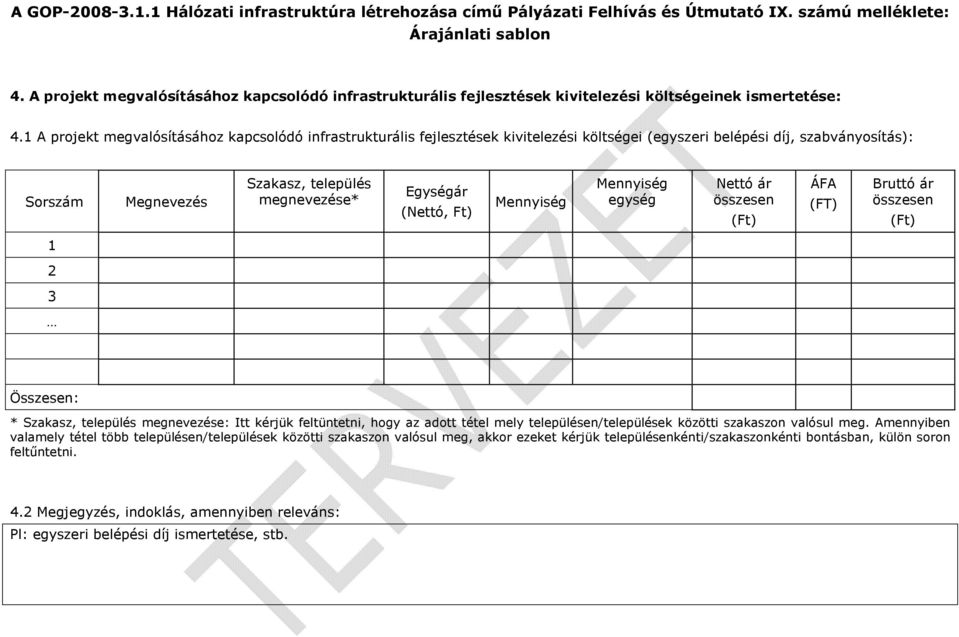 A projekt megvalósításához kapcsolódó infrastrukturális fejlesztések kivitelezési költségei (egyszeri belépési díj, szabványosítás): Sorszám Megnevezés Szakasz, település megnevezése* (Nettó, Ft)