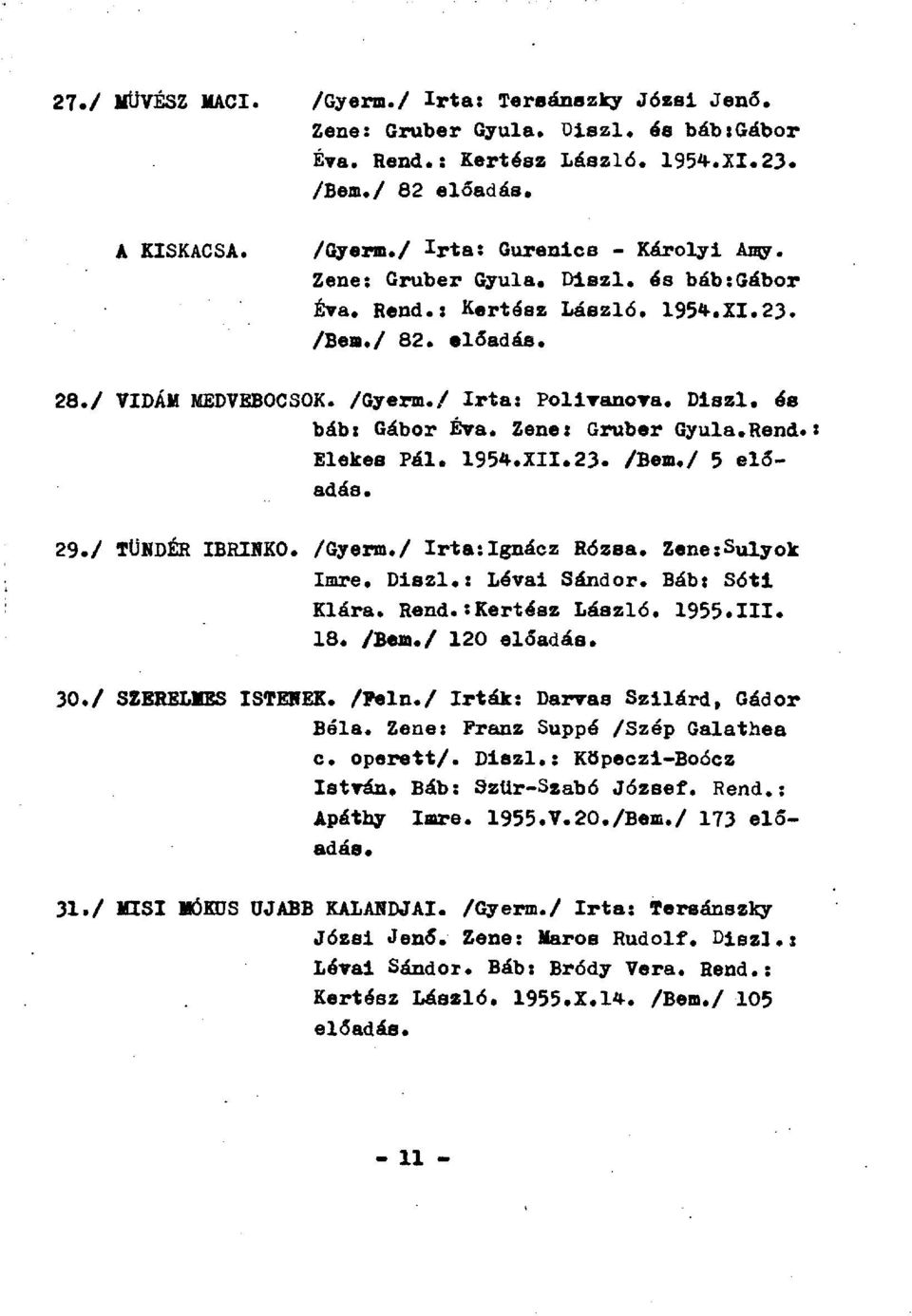 Rend.; Elekes Pál. 1954.XII.23. /Bem./ 5 előadás. 29. / TÜNDÉR IBRINKO. /Gyerm./ Irta:Ignácz Rózsa. Zene:S u lyok Imre. Diszl.: Lévai Sándor. Báb: Sóti Klára. Rend. : Kertész László. 1955.IH* 18.