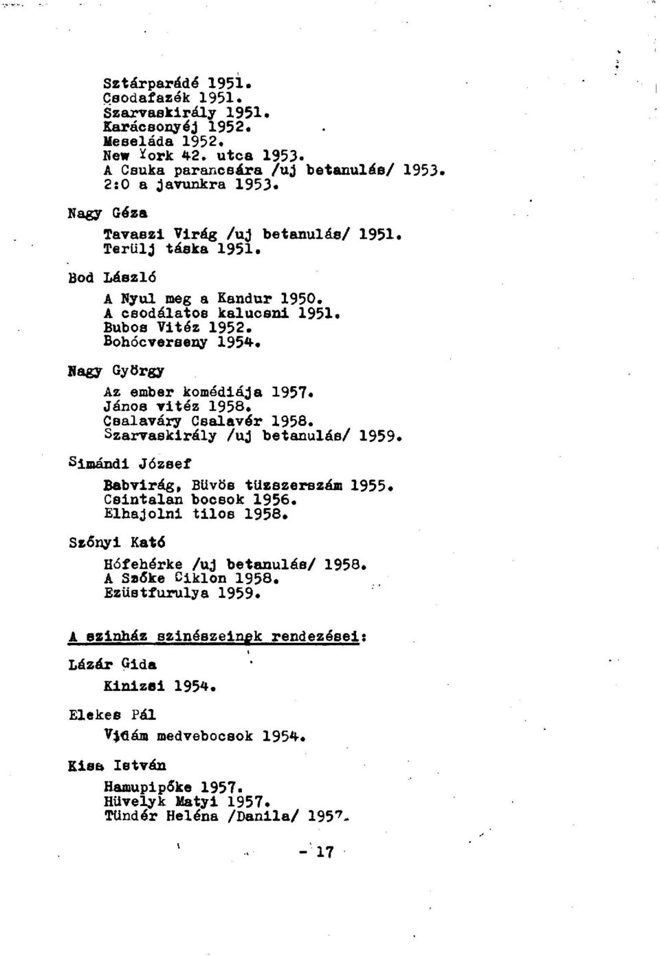 Nagy György Az ember komédiája 1957. János vitéz 1958. Csalaváry Csalavér 1958. Szarvaskirály /uj betanulás/ 1959. Simándi József Babvirág. Bűvös tüzszerszám 1955. Csintalan bocsok 1956.