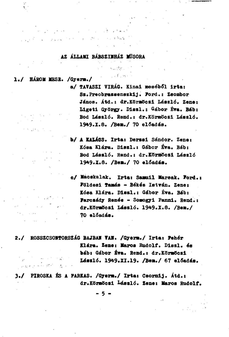 / 70 előadás. c/ Macskalak. Irta: Samui1 Marsak. Ford.: Földesi Tamás - Békés István. Zene: Kósa Klára. Diszl.: Gábor Éva. Báb: Farcsády Renée - Somogyi Fanni. Rend.: dr.körmöczi László. 1949.1.8.