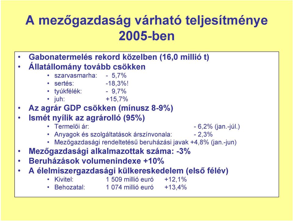 ) Anyagok és szolgáltatások árszínvonala: - 2,3% Mezőgazdasági rendeltetésű beruházási javak +4,8% (jan.